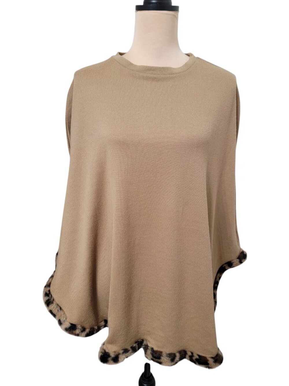 Top it off Accessories Tan Knit Pullover Poncho with Leopard Trim